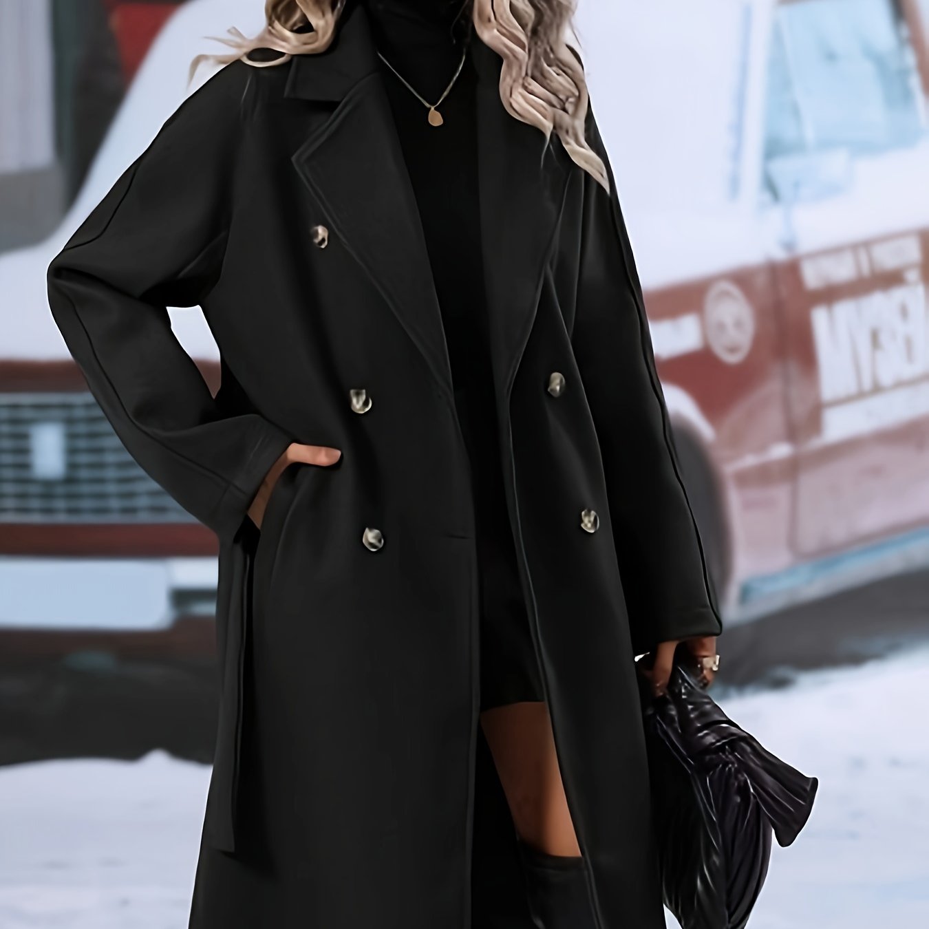 Solid Double Breasted Belted Overcoat, Elegant Long Sleeve Lapel Outwear For Fall & Winter, Women's Clothing