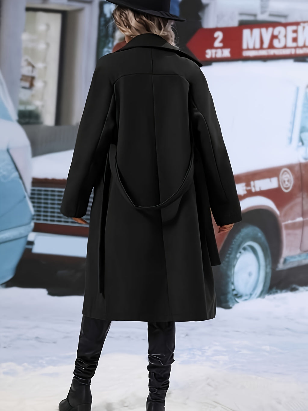 Solid Double Breasted Belted Overcoat, Elegant Long Sleeve Lapel Outwear For Fall & Winter, Women's Clothing