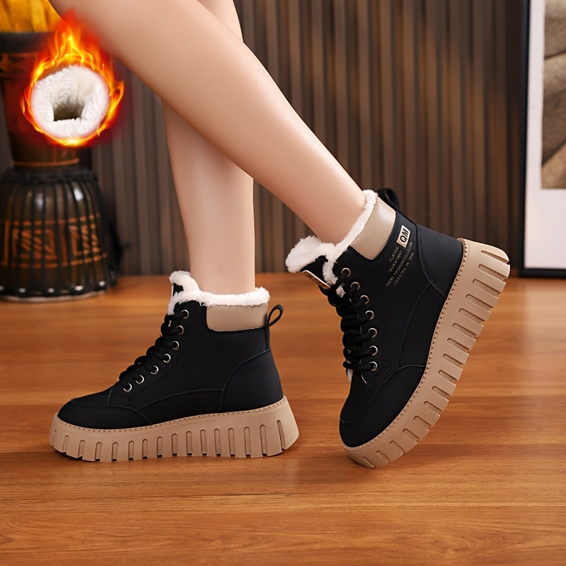 Women's Letter Pattern Round Toe Winter Plush Inner Thermal Snow Boots, Thick Soled Platform Versatile Comfortable Ankle Boots
