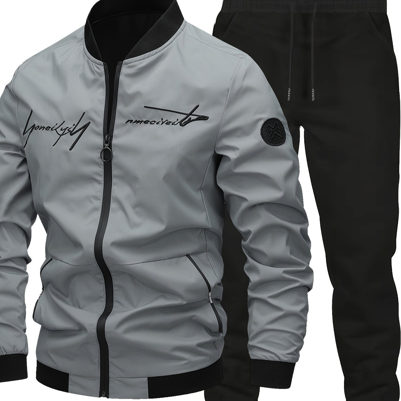 2pcs Classic Mens Letter Embroidered Bomber Jacket and Jogging Pants, Perfect for Outdoor Activities, and Casual Wear
