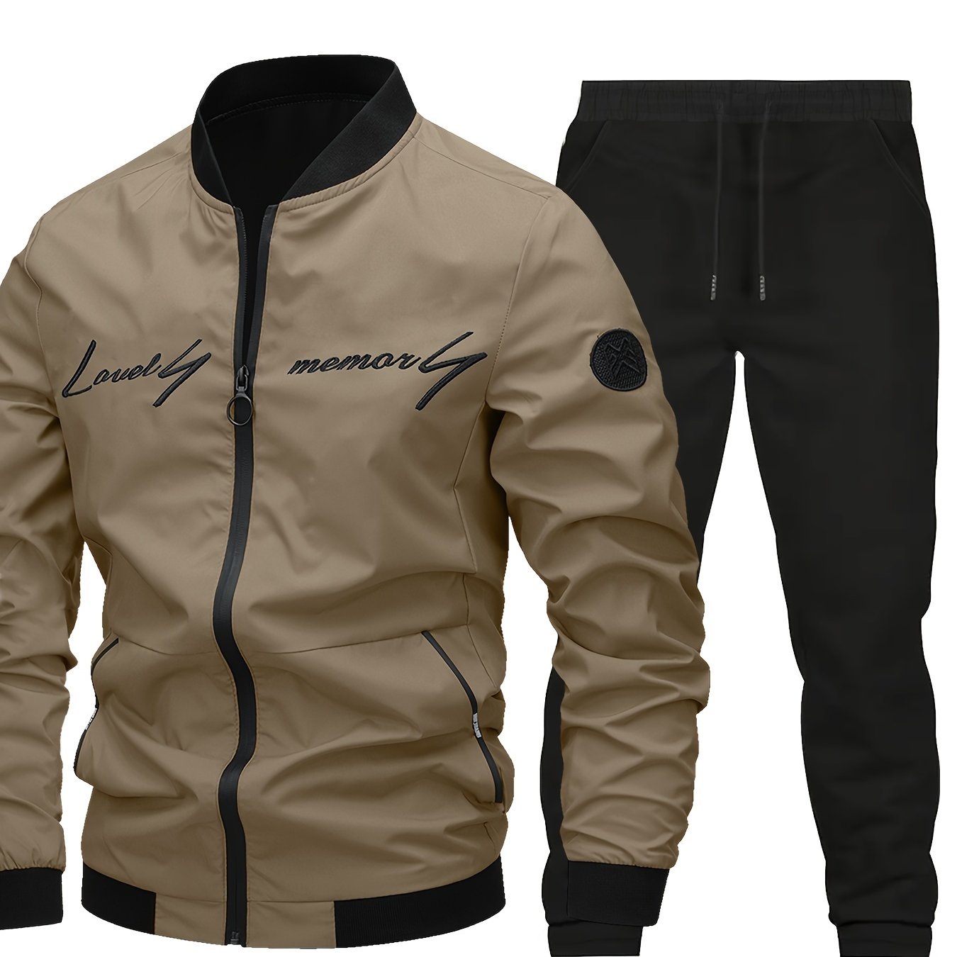 2pcs Classic Mens Letter Embroidered Bomber Jacket and Jogging Pants, Perfect for Outdoor Activities, and Casual Wear