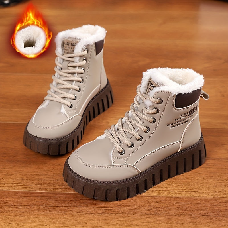 Women's Letter Pattern Round Toe Winter Plush Inner Thermal Snow Boots, Thick Soled Platform Versatile Comfortable Ankle Boots