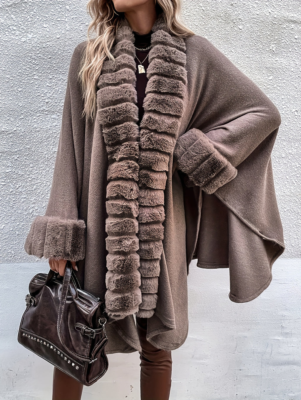 Plus Size Fuzzy Trim Solid Cape Coat, Elegant Paneled Open Front Warm Outerwear For Fall & Winter, Women's Plus Size Clothing