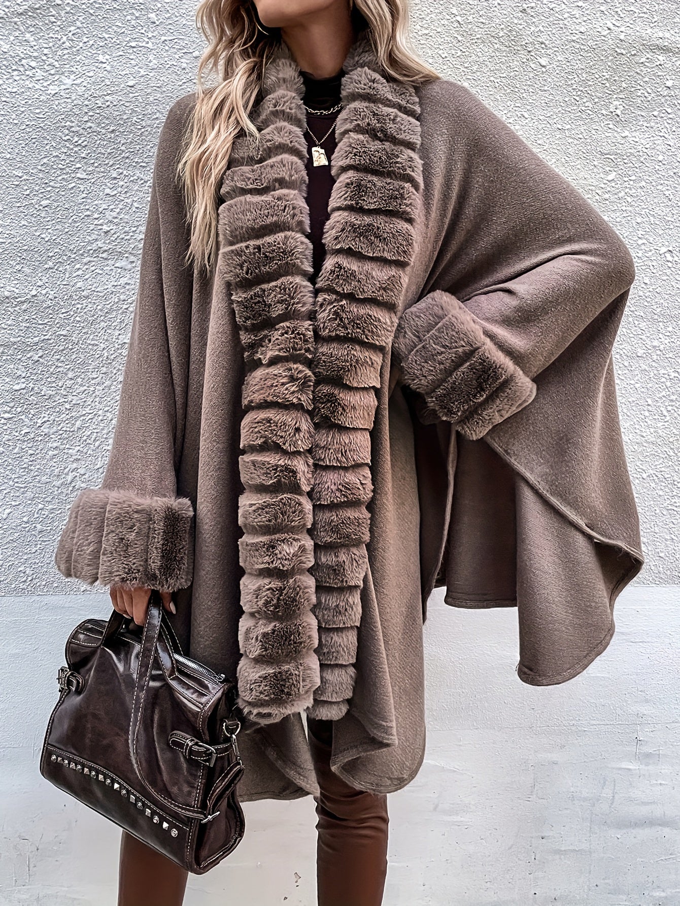 Plus Size Fuzzy Trim Solid Cape Coat, Elegant Paneled Open Front Warm Outerwear For Fall & Winter, Women's Plus Size Clothing