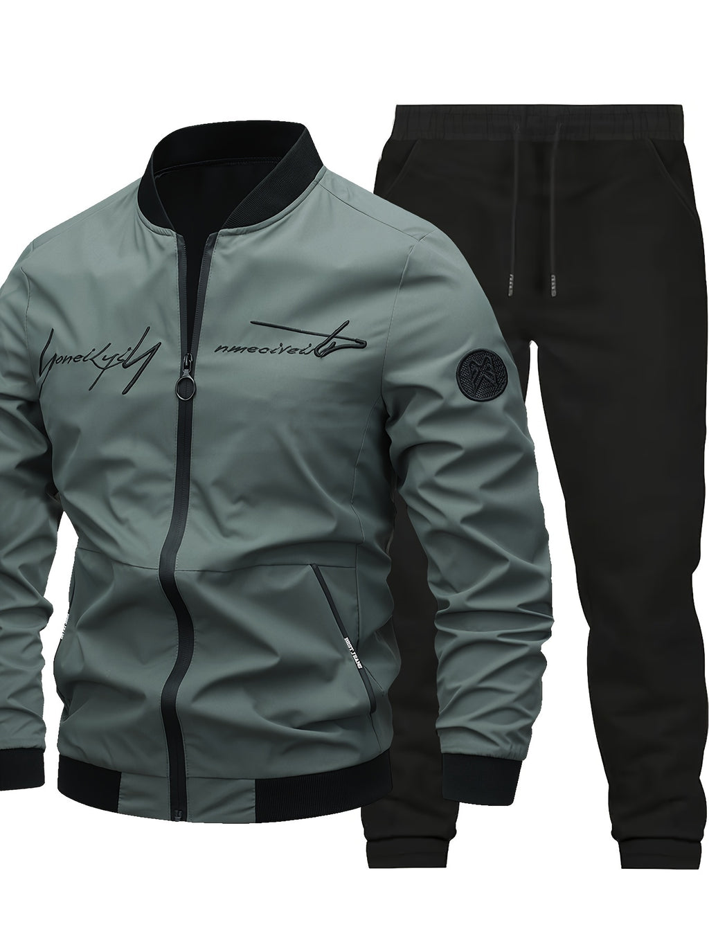 2pcs Classic Mens Letter Embroidered Bomber Jacket and Jogging Pants, Perfect for Outdoor Activities, and Casual Wear