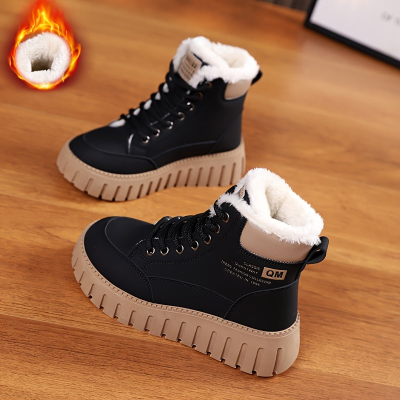 Women's Letter Pattern Round Toe Winter Plush Inner Thermal Snow Boots, Thick Soled Platform Versatile Comfortable Ankle Boots