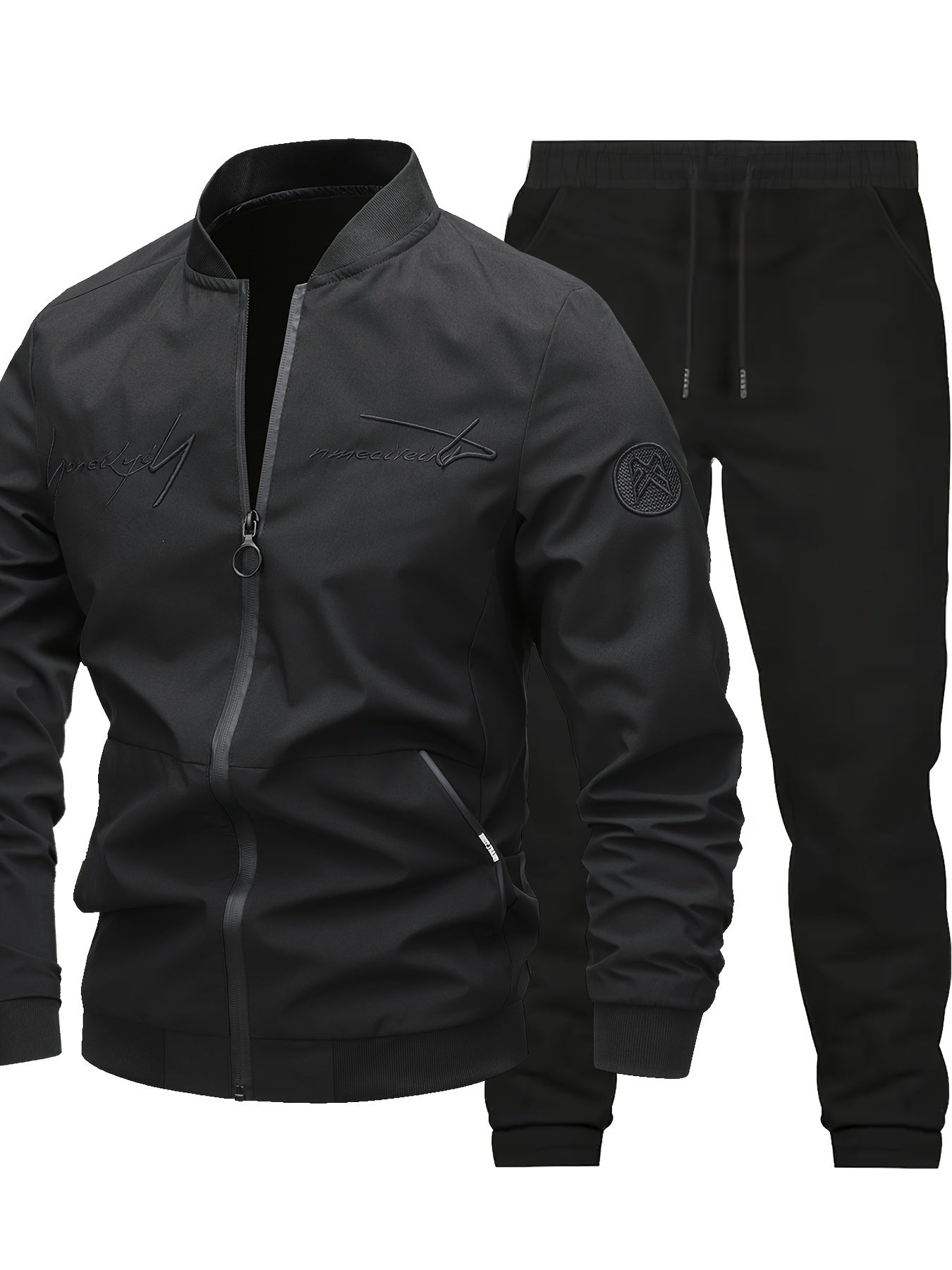 2pcs Classic Mens Letter Embroidered Bomber Jacket and Jogging Pants, Perfect for Outdoor Activities, and Casual Wear