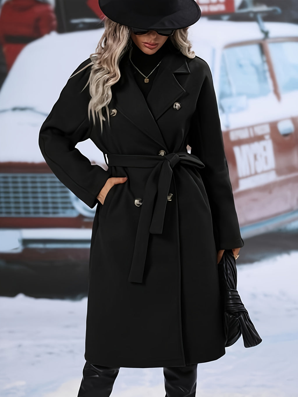 Solid Double Breasted Belted Overcoat, Elegant Long Sleeve Lapel Outwear For Fall & Winter, Women's Clothing