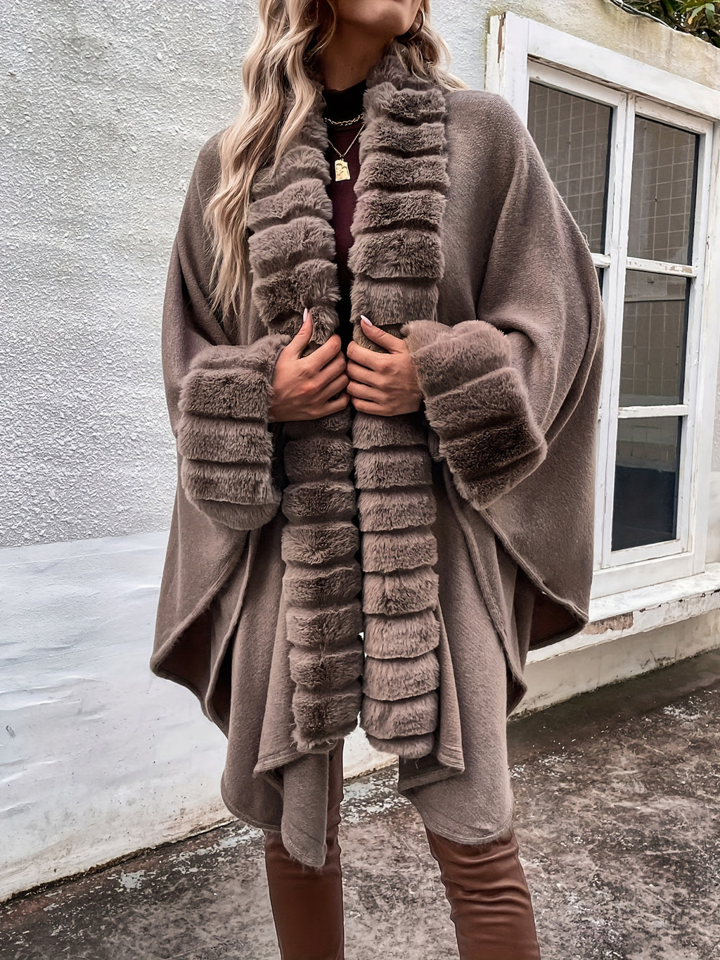 Plus Size Fuzzy Trim Solid Cape Coat, Elegant Paneled Open Front Warm Outerwear For Fall & Winter, Women's Plus Size Clothing