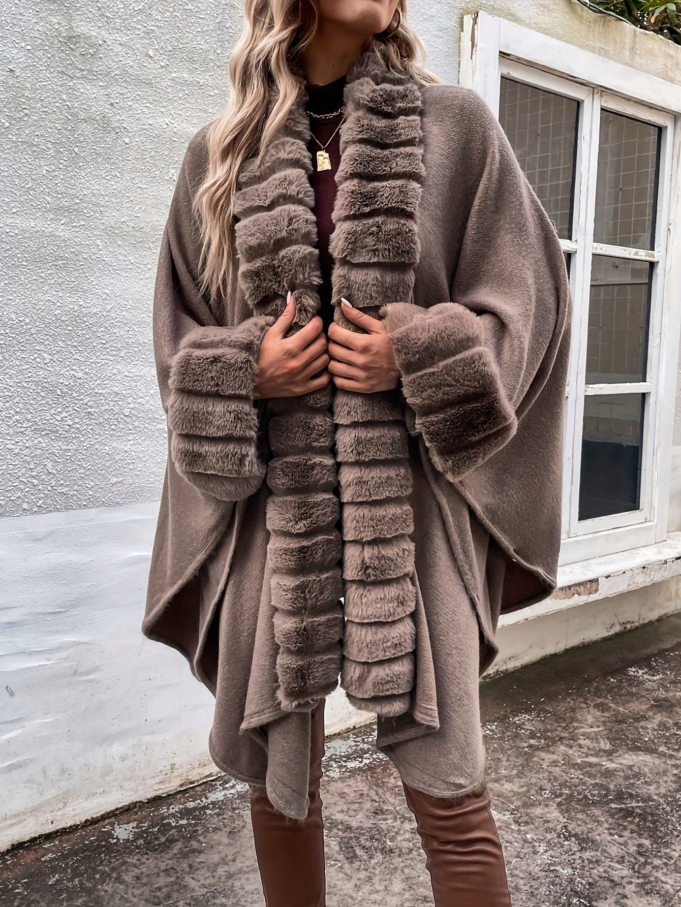 Plus Size Fuzzy Trim Solid Cape Coat, Elegant Paneled Open Front Warm Outerwear For Fall & Winter, Women's Plus Size Clothing