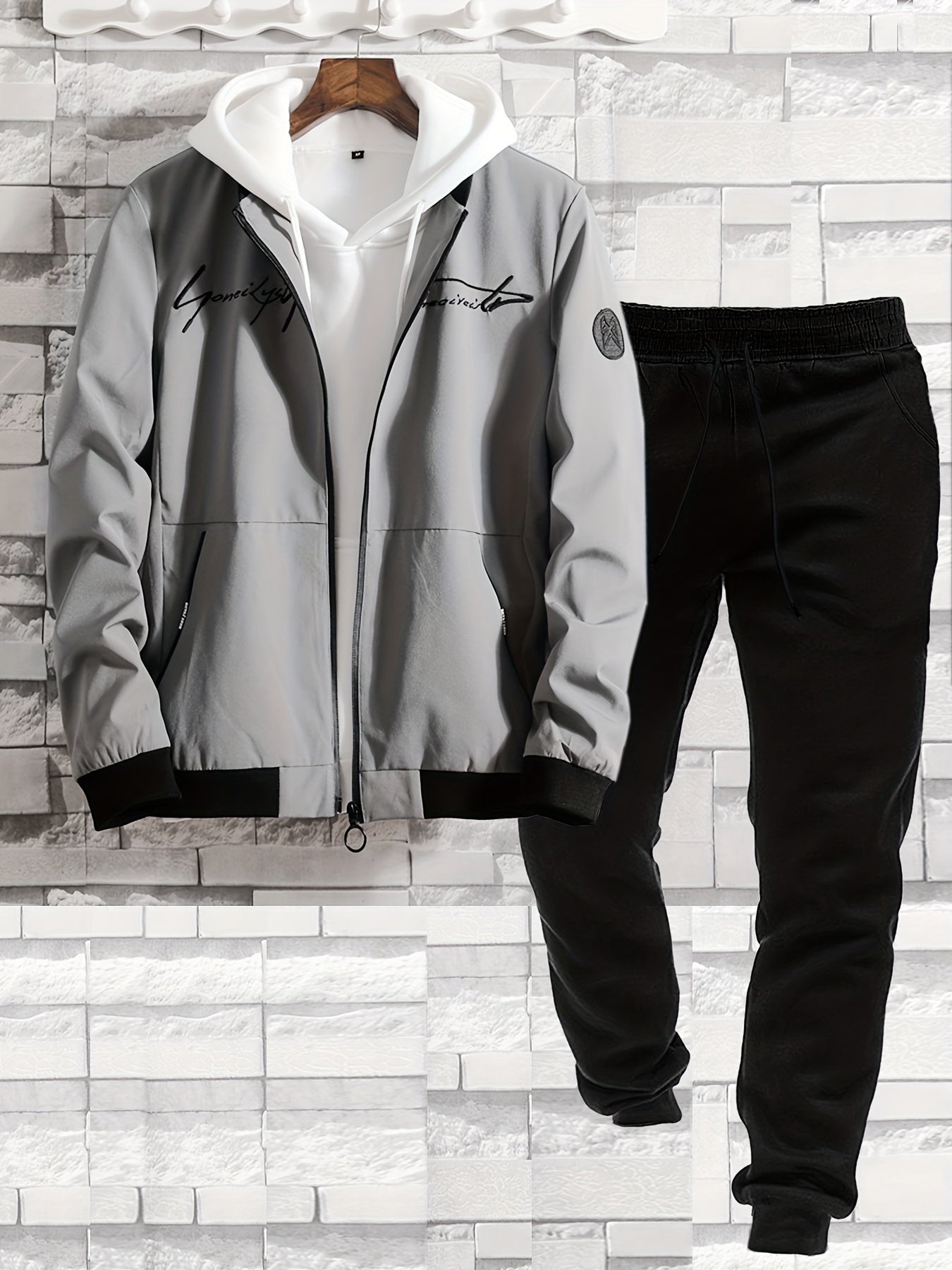 2pcs Classic Mens Letter Embroidered Bomber Jacket and Jogging Pants, Perfect for Outdoor Activities, and Casual Wear