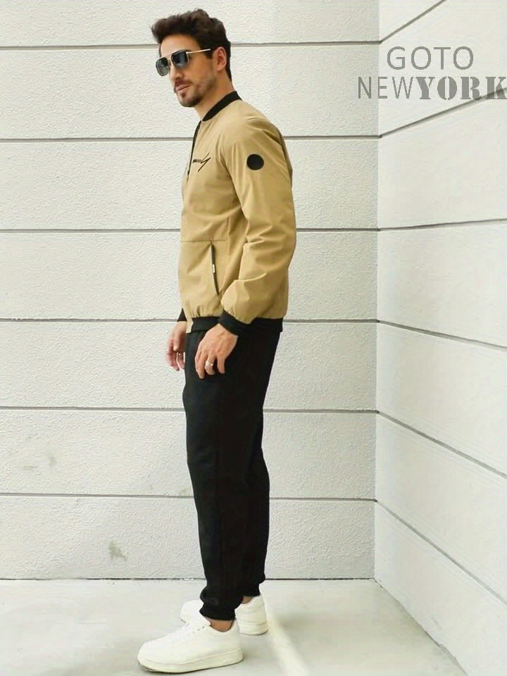 2pcs Classic Mens Letter Embroidered Bomber Jacket and Jogging Pants, Perfect for Outdoor Activities, and Casual Wear