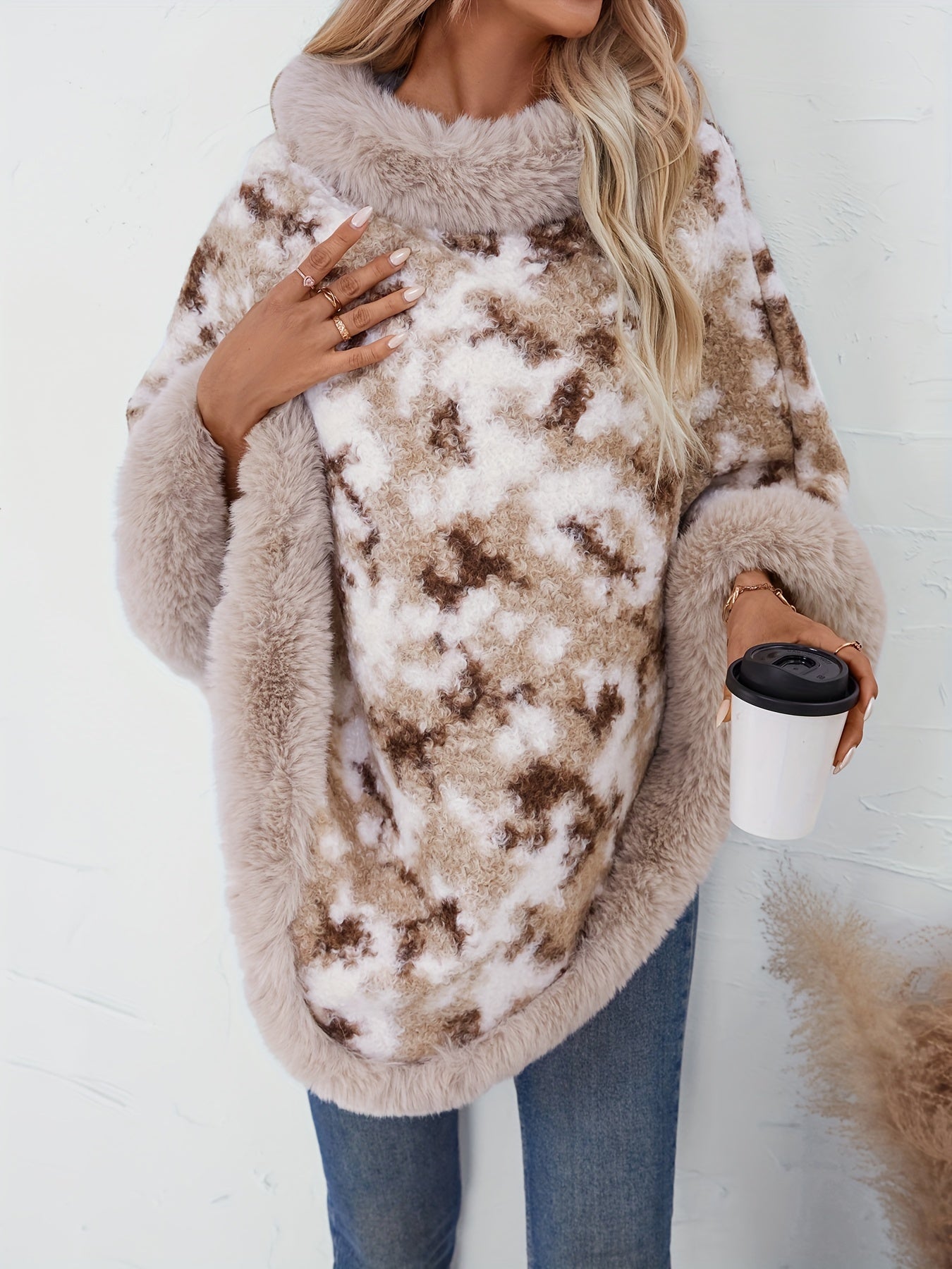 Fuzzy Knit Crew Neck Poncho, Casual Hanky Hem Long Sleeve Sweater For Fall & Winter, Women's Clothing