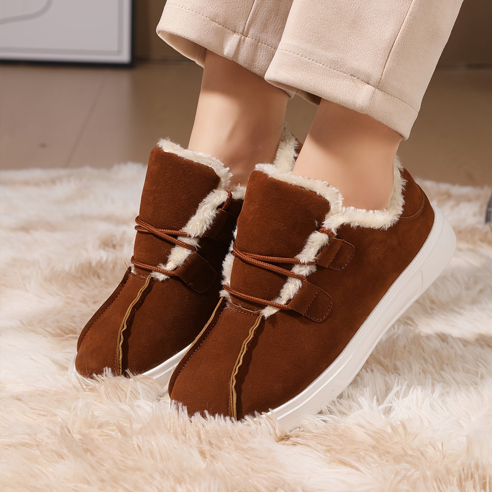 Women's Solid Color Fluffy Shoes, Soft Sole Platform Warm Lined Shoes, Winter Non-slip Plush Snow Shoes