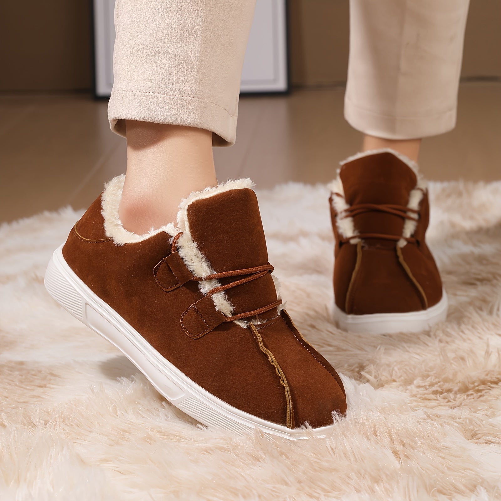 Women's Solid Color Fluffy Shoes, Soft Sole Platform Warm Lined Shoes, Winter Non-slip Plush Snow Shoes