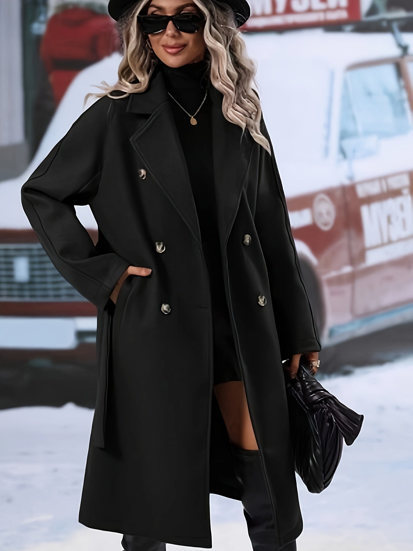 Solid Double Breasted Belted Overcoat, Elegant Long Sleeve Lapel Outwear For Fall & Winter, Women's Clothing