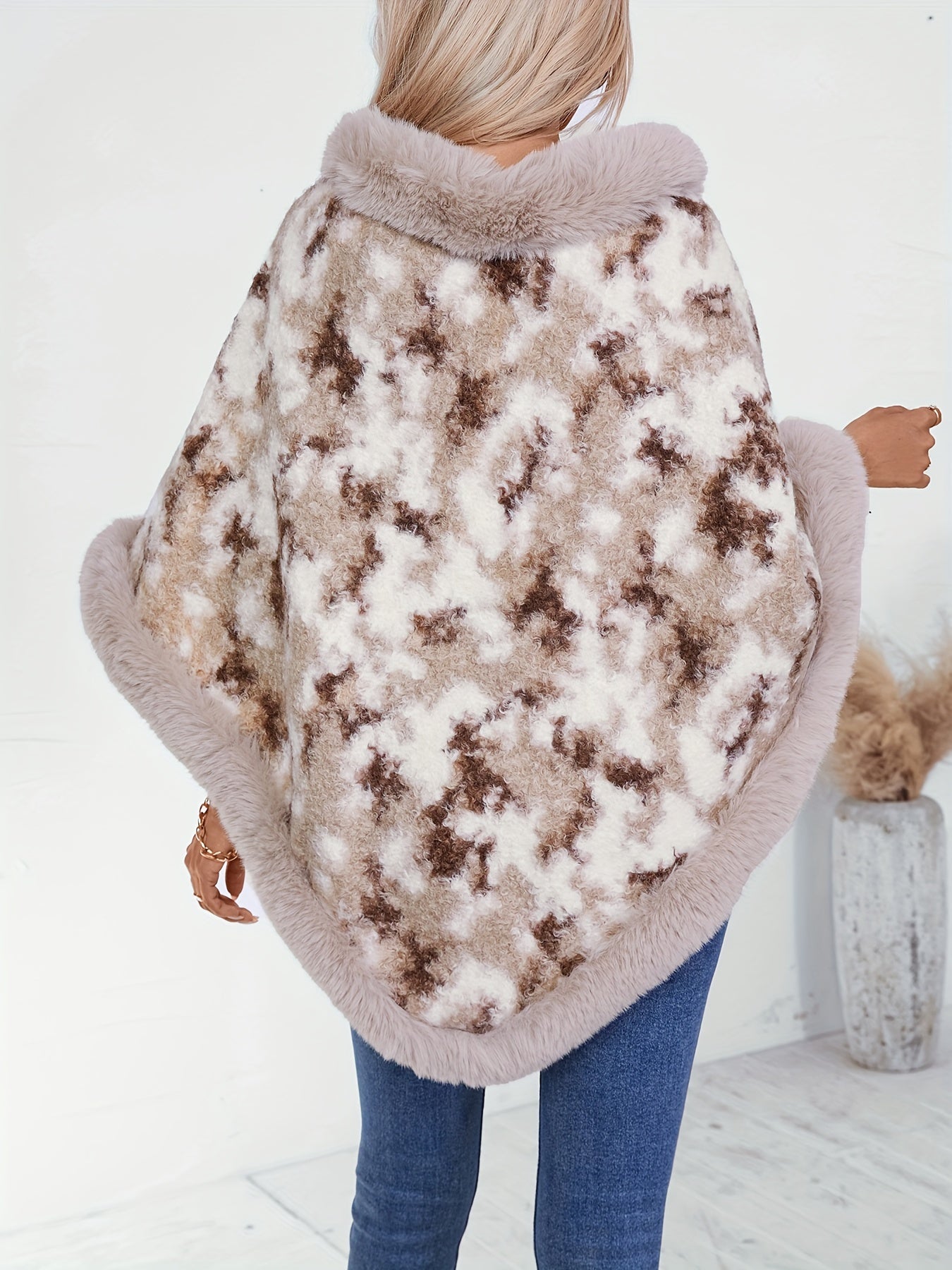 Fuzzy Knit Crew Neck Poncho, Casual Hanky Hem Long Sleeve Sweater For Fall & Winter, Women's Clothing