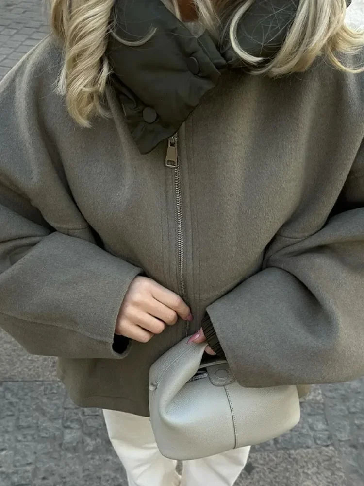 Oversized Zipper Hooded Jacket For Women Fashion Thick Patchwork Long Sleeve Coat 2023 Autumn Winter Loose Warm Street Outerwear