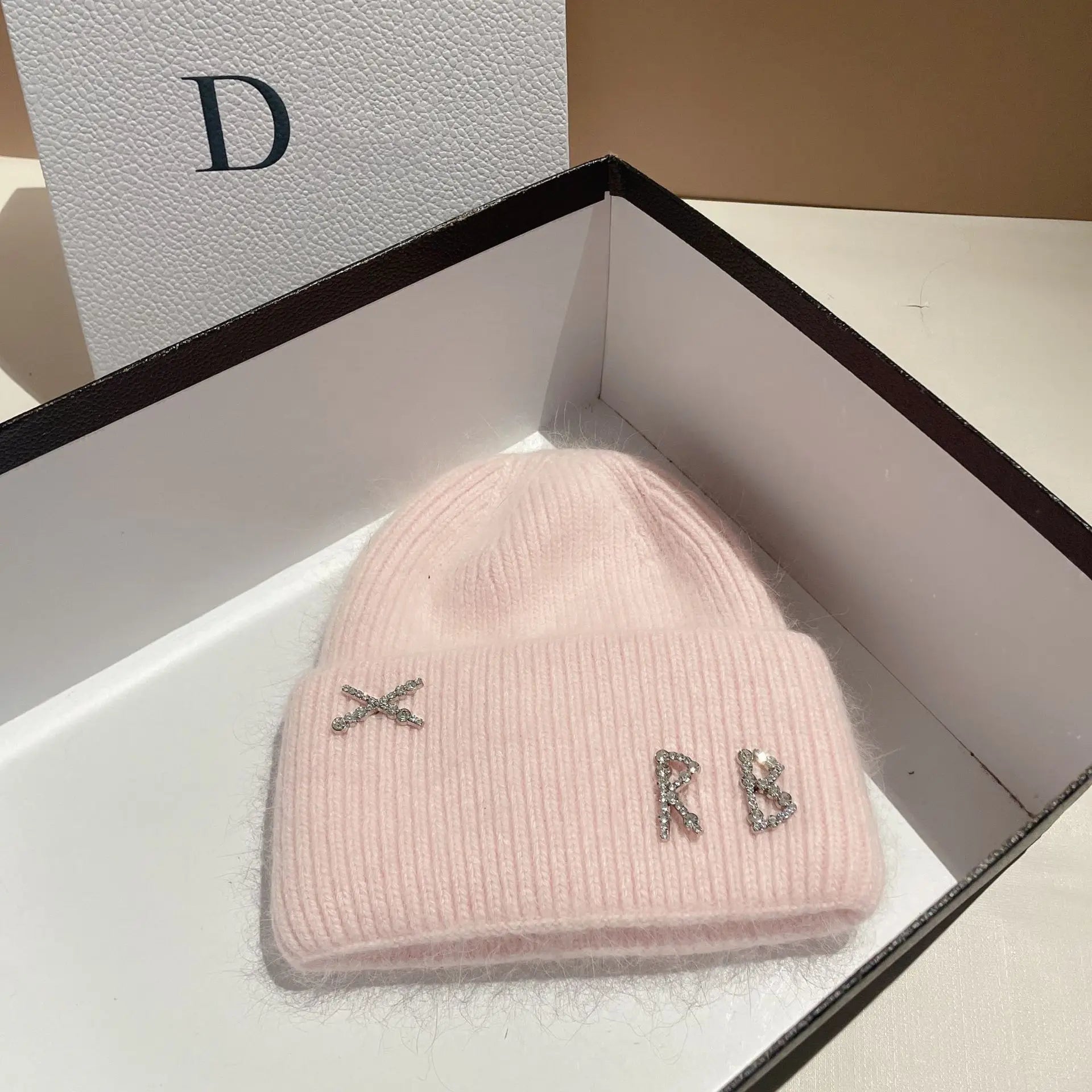 1PC Real Rabbit Fur Diamonds Letter Beanies Hats For Women Winter Warm Knitted Hat Famous Brand Lady Casual Bonnet Skiing Cap