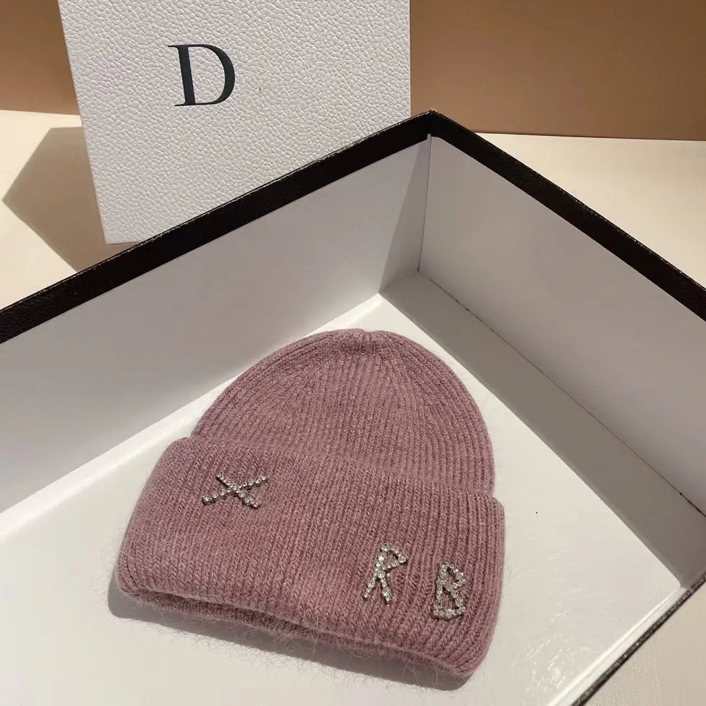 1PC Real Rabbit Fur Diamonds Letter Beanies Hats For Women Winter Warm Knitted Hat Famous Brand Lady Casual Bonnet Skiing Cap