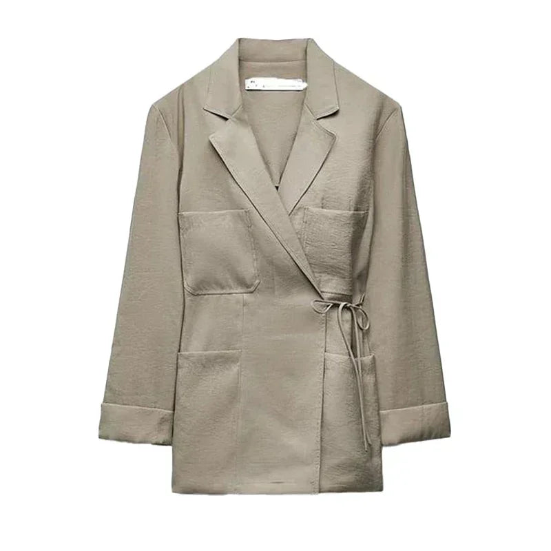 Elegant Lapel Lace Up Blazer Jacket Set Women Loose Solid High Waist Wide Leg Pants Suit 2025 New Fashion Office Lady Streetwear