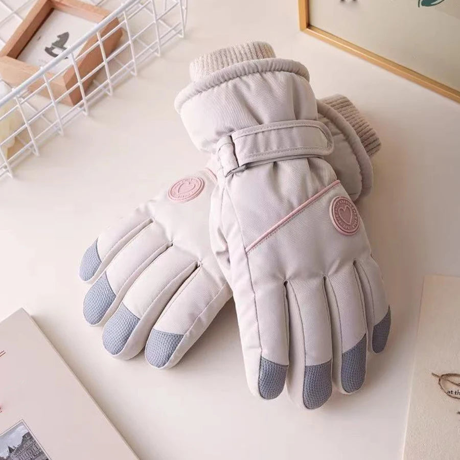 Ski gloves for winter women, outdoor cycling, windproof and cold proof with thick velvet insulation, anti slip touch screen glov