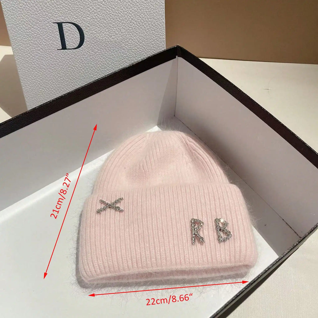 1PC Real Rabbit Fur Diamonds Letter Beanies Hats For Women Winter Warm Knitted Hat Famous Brand Lady Casual Bonnet Skiing Cap