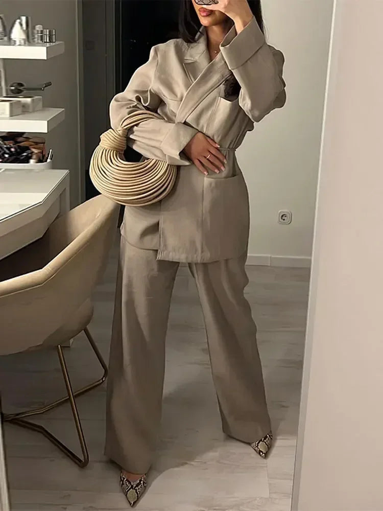 Elegant Lapel Lace Up Blazer Jacket Set Women Loose Solid High Waist Wide Leg Pants Suit 2025 New Fashion Office Lady Streetwear