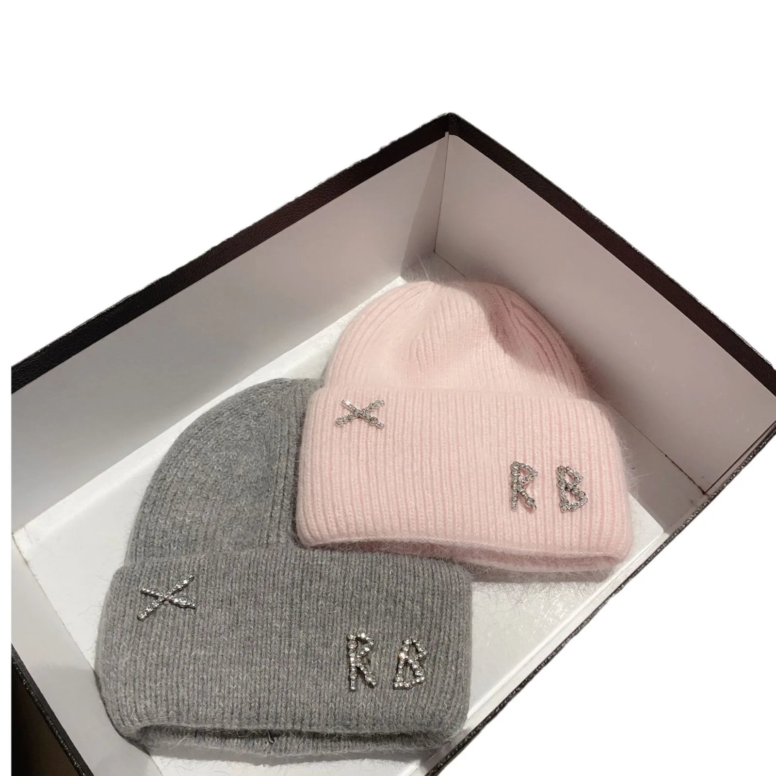 1PC Real Rabbit Fur Diamonds Letter Beanies Hats For Women Winter Warm Knitted Hat Famous Brand Lady Casual Bonnet Skiing Cap