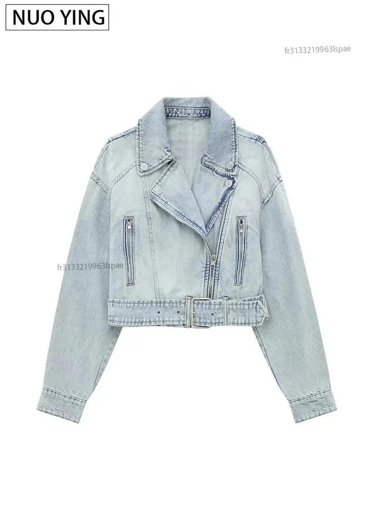 Women 2025 Autumn Winter Denim Coat Lapel Long Sleeve Short Jackets Lady Chic Loose Streetwear Jacket