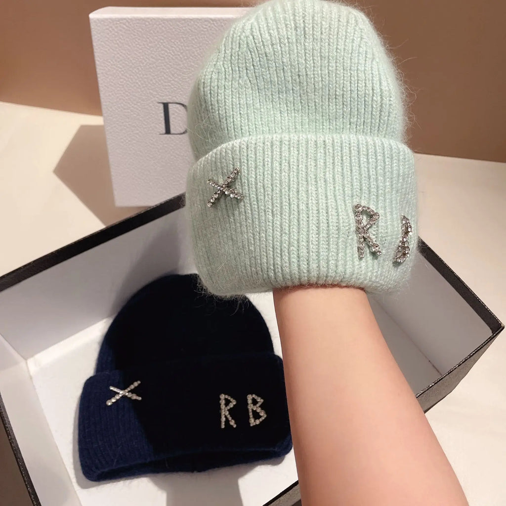 1PC Real Rabbit Fur Diamonds Letter Beanies Hats For Women Winter Warm Knitted Hat Famous Brand Lady Casual Bonnet Skiing Cap