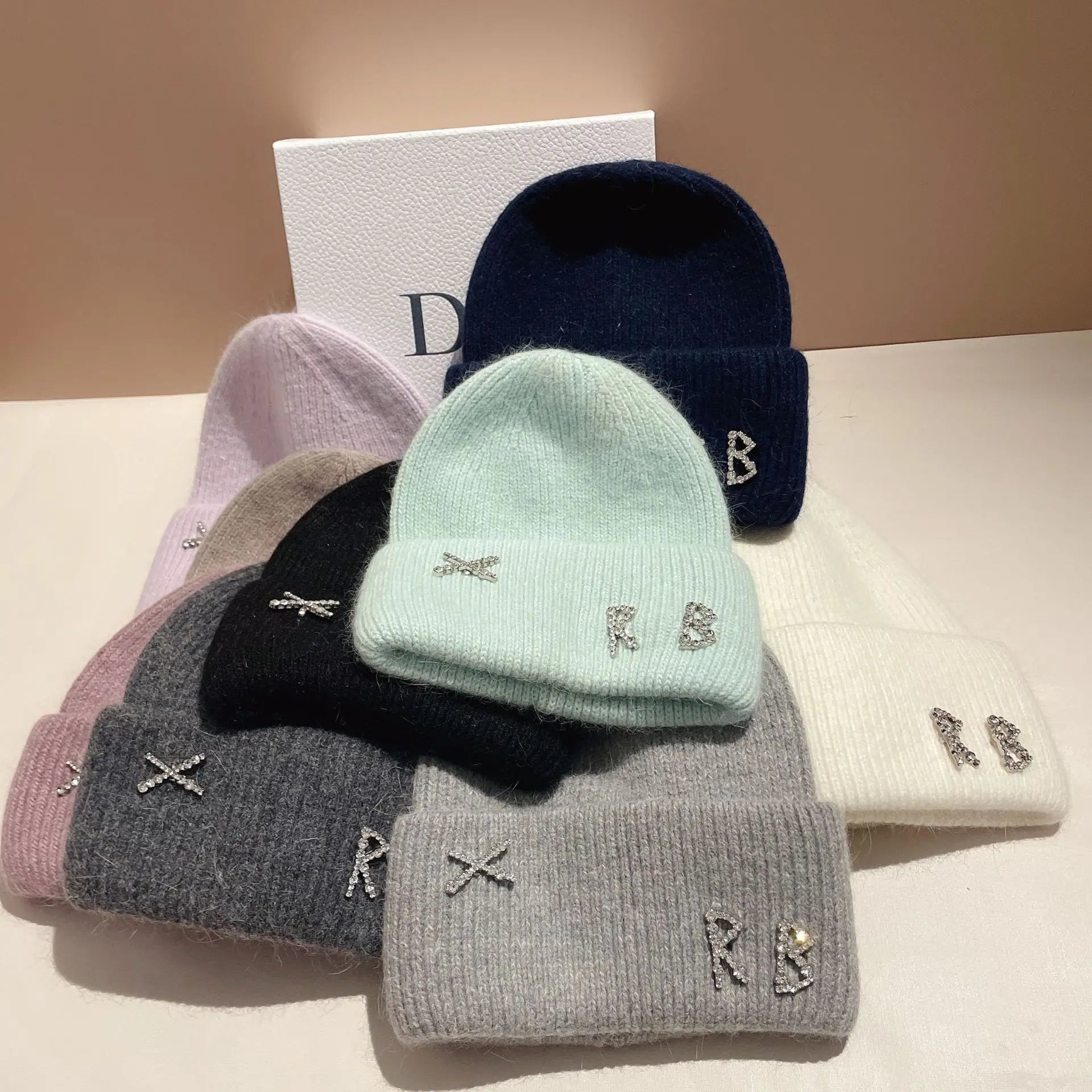 1PC Real Rabbit Fur Diamonds Letter Beanies Hats For Women Winter Warm Knitted Hat Famous Brand Lady Casual Bonnet Skiing Cap
