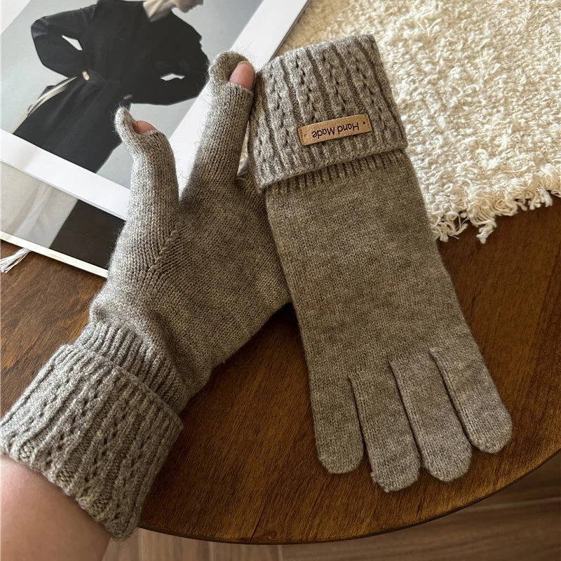 Autumn and Winter Knitted Warm Gloves for Women with Leaky Fingers Touch Screen Washable Thickened Warm and Cold Resistant Glove