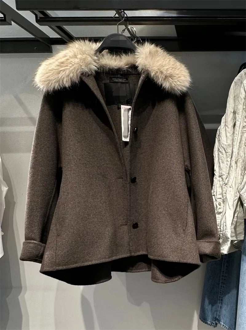 Women's Coat 2025 Autumn New Style Gray Long-sleeve Faux Fur Collar Simple Jacket Casual Fashion Versatile