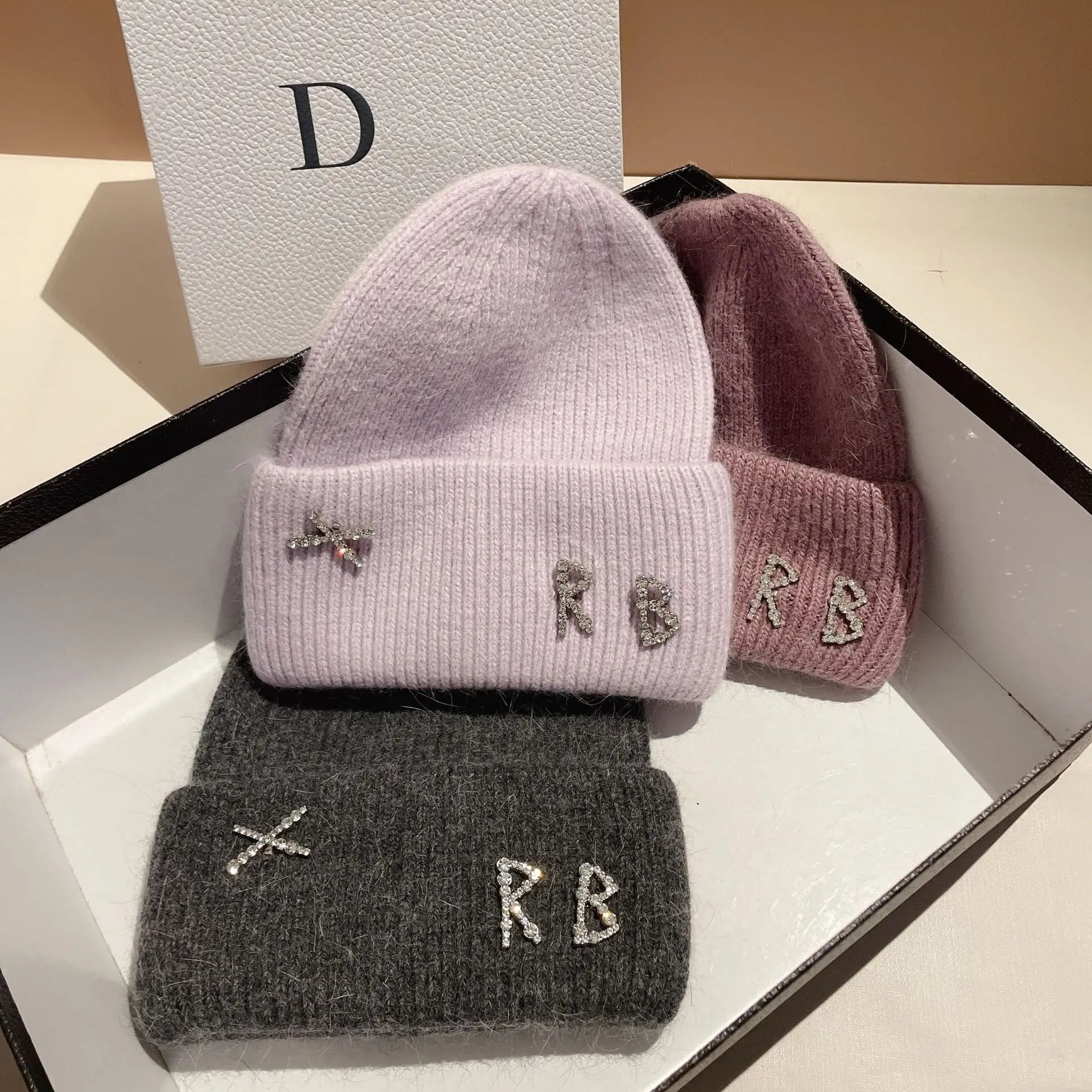 1PC Real Rabbit Fur Diamonds Letter Beanies Hats For Women Winter Warm Knitted Hat Famous Brand Lady Casual Bonnet Skiing Cap