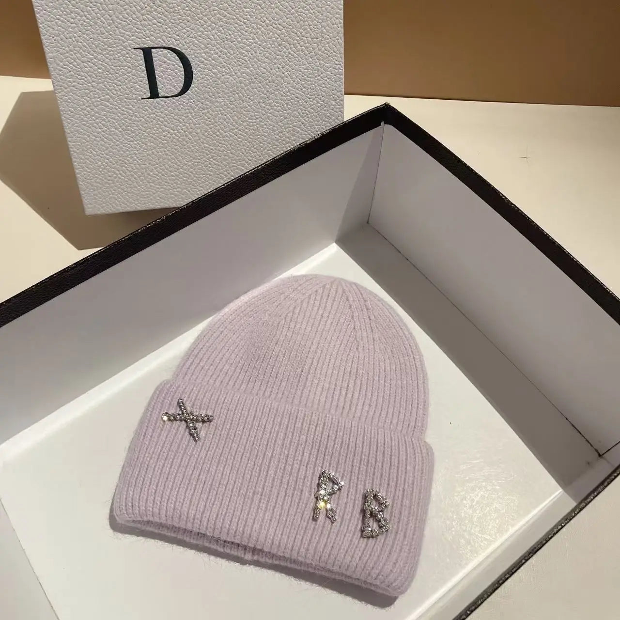 1PC Real Rabbit Fur Diamonds Letter Beanies Hats For Women Winter Warm Knitted Hat Famous Brand Lady Casual Bonnet Skiing Cap