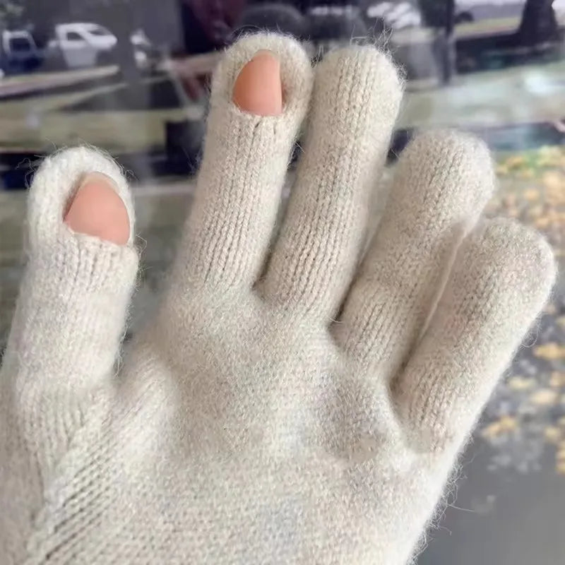 Autumn and Winter Knitted Warm Gloves for Women with Leaky Fingers Touch Screen Washable Thickened Warm and Cold Resistant Glove