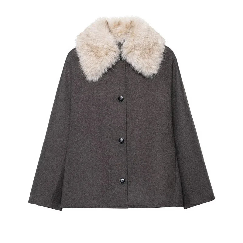 Women's Coat 2025 Autumn New Style Gray Long-sleeve Faux Fur Collar Simple Jacket Casual Fashion Versatile