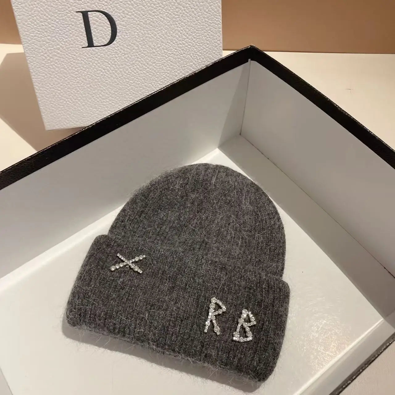 1PC Real Rabbit Fur Diamonds Letter Beanies Hats For Women Winter Warm Knitted Hat Famous Brand Lady Casual Bonnet Skiing Cap
