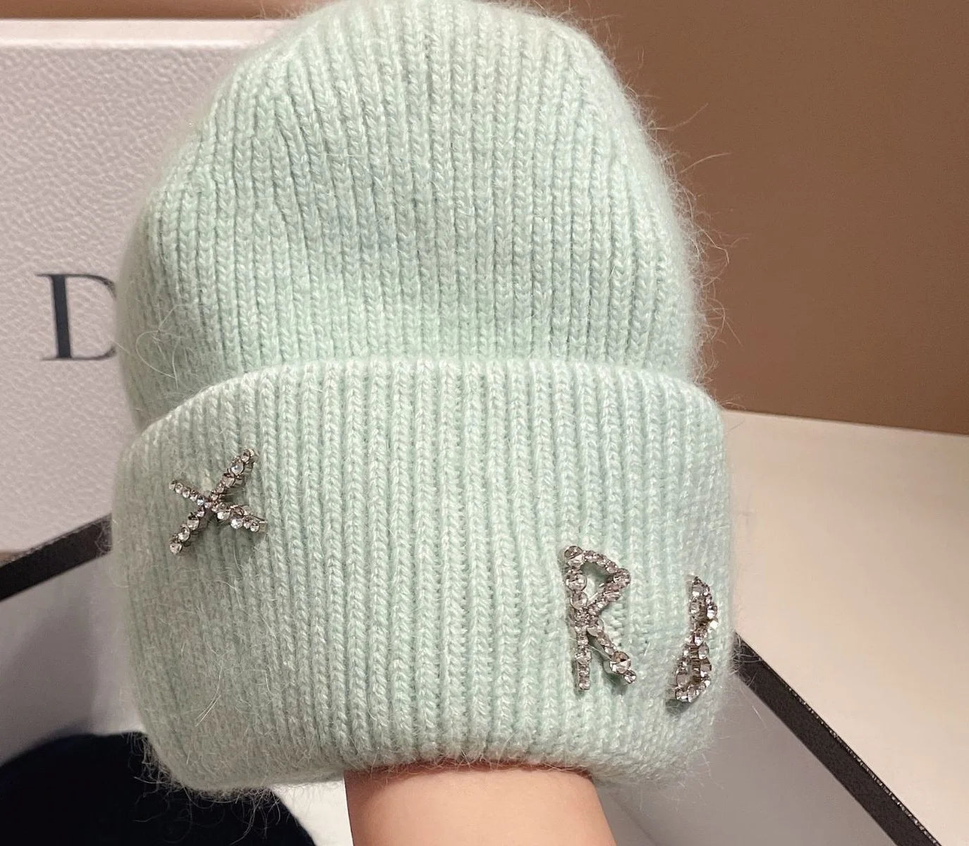1PC Real Rabbit Fur Diamonds Letter Beanies Hats For Women Winter Warm Knitted Hat Famous Brand Lady Casual Bonnet Skiing Cap