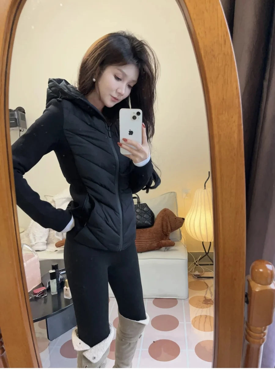 ETJ 2025 new  women's elegant fashion patchwork long sleeve standing collar hooded cotton jacket sport coat 8073227