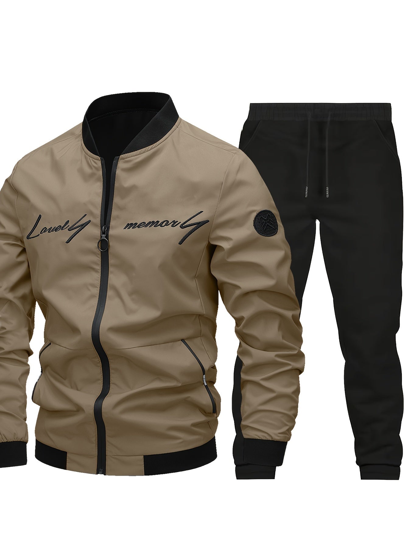2pcs Classic Mens Letter Embroidered Bomber Jacket and Jogging Pants, Perfect for Outdoor Activities, and Casual Wear
