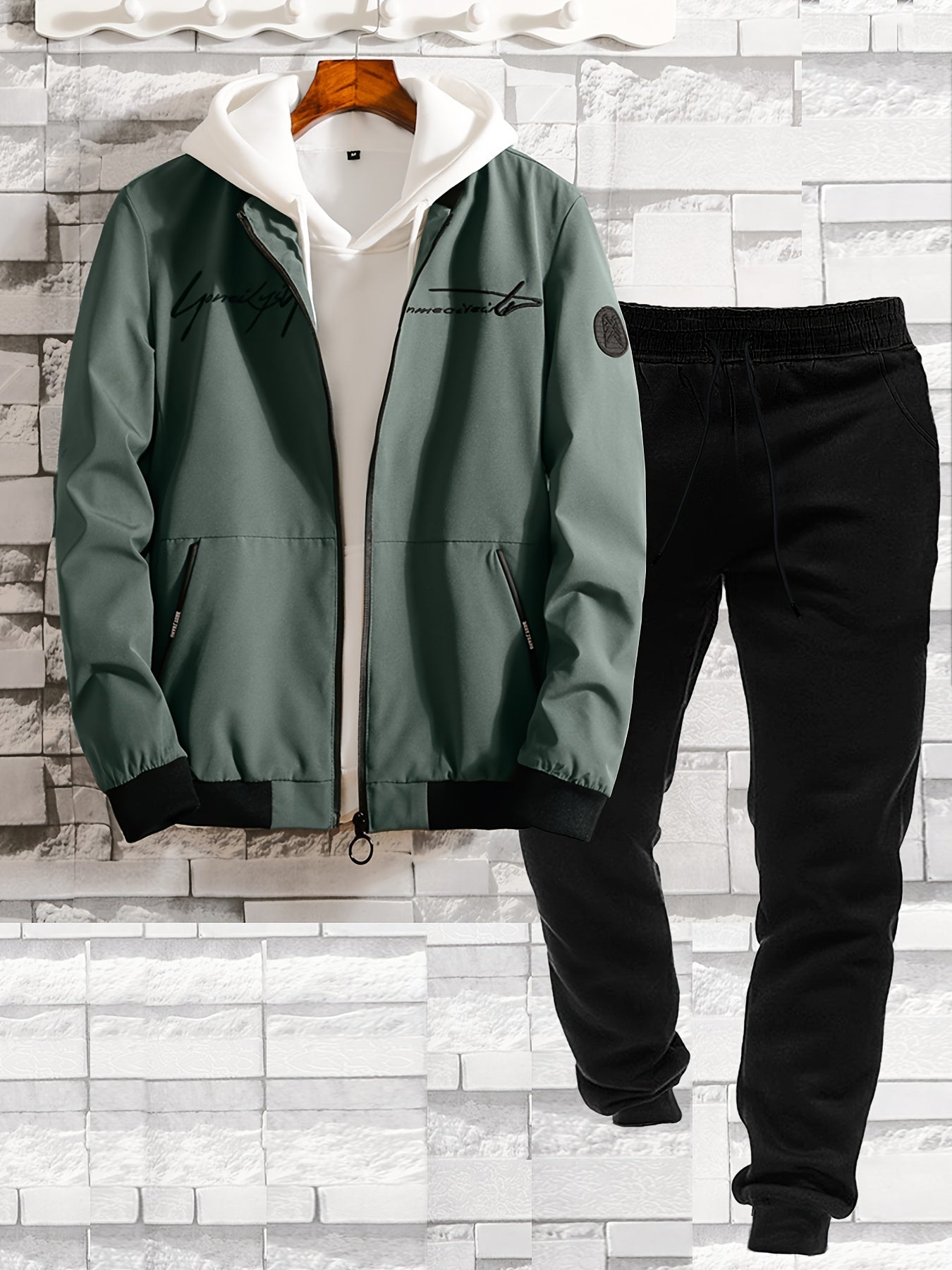 2pcs Classic Mens Letter Embroidered Bomber Jacket and Jogging Pants, Perfect for Outdoor Activities, and Casual Wear