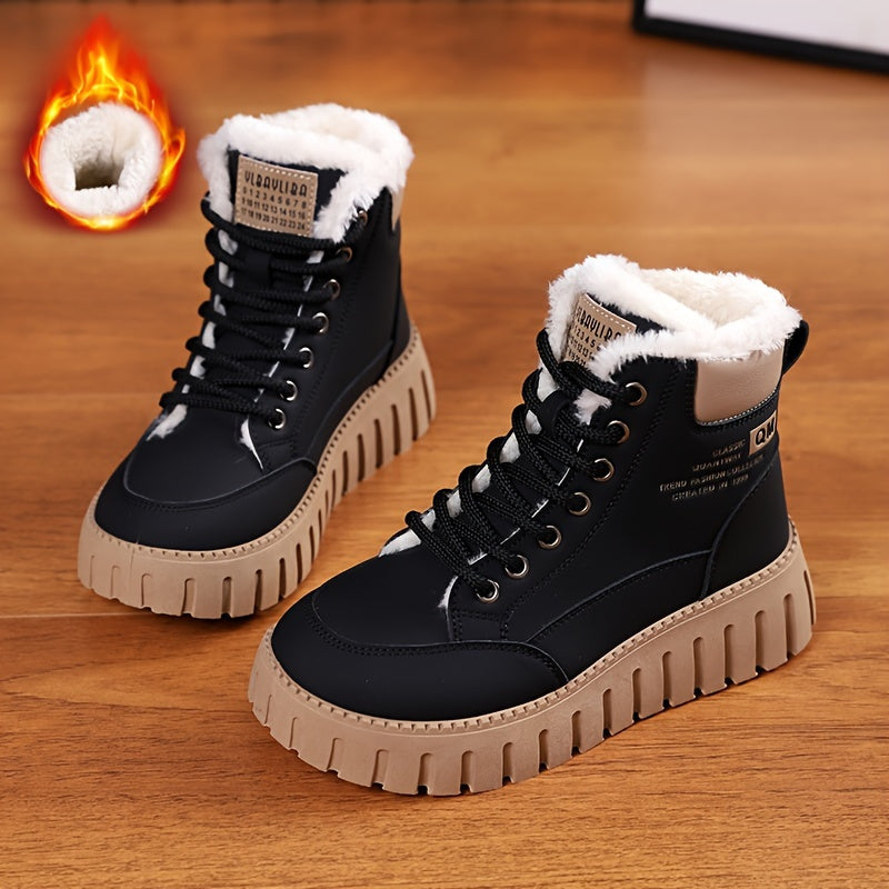 Women's Letter Pattern Round Toe Winter Plush Inner Thermal Snow Boots, Thick Soled Platform Versatile Comfortable Ankle Boots