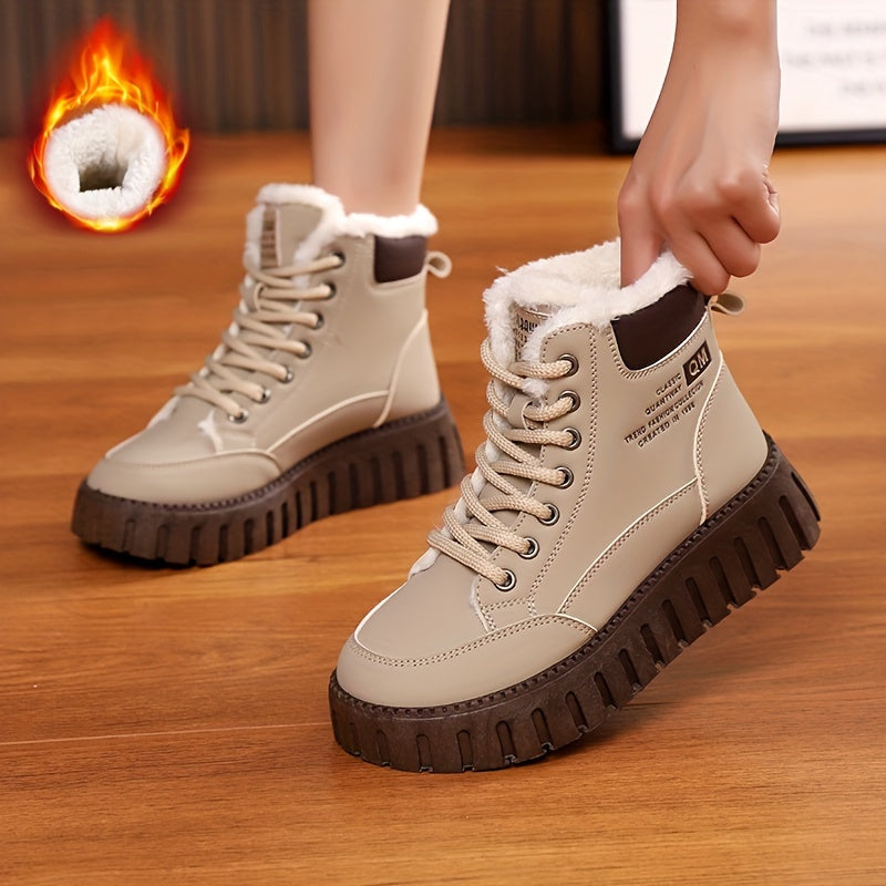 Women's Letter Pattern Round Toe Winter Plush Inner Thermal Snow Boots, Thick Soled Platform Versatile Comfortable Ankle Boots