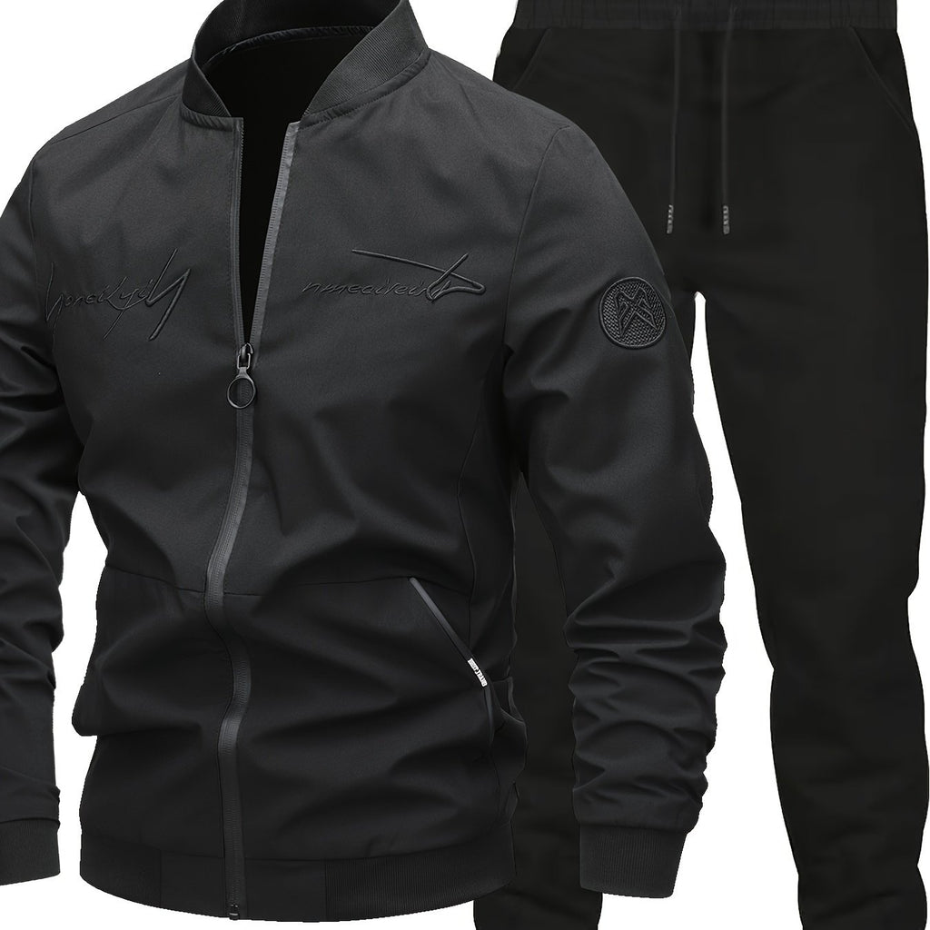 2pcs Classic Mens Letter Embroidered Bomber Jacket and Jogging Pants, Perfect for Outdoor Activities, and Casual Wear