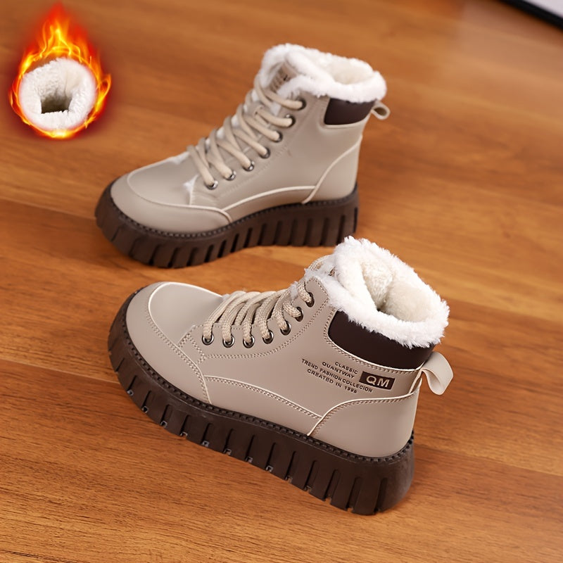 Women's Letter Pattern Round Toe Winter Plush Inner Thermal Snow Boots, Thick Soled Platform Versatile Comfortable Ankle Boots