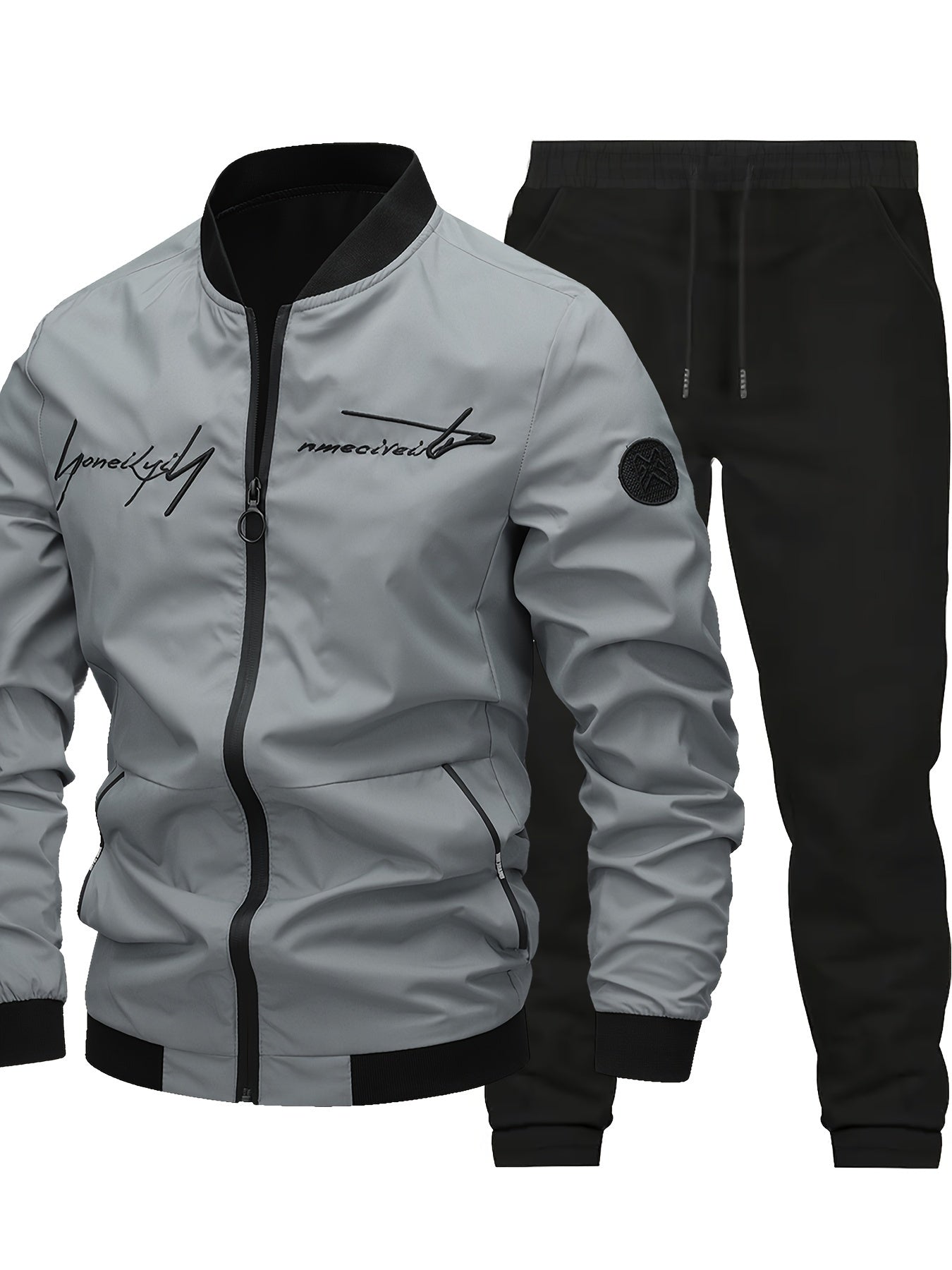 2pcs Classic Mens Letter Embroidered Bomber Jacket and Jogging Pants, Perfect for Outdoor Activities, and Casual Wear