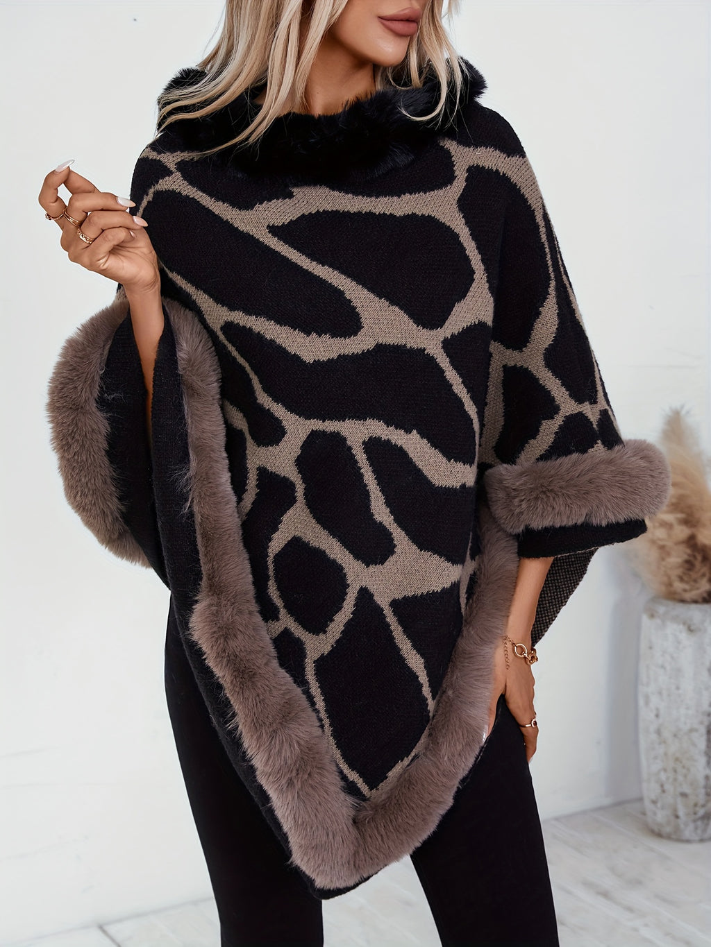 Giraffe Skin Pattern Fuzzy Trim Poncho, Elegant Thermal Hanky Hem Crew Neck Cape For Fall & Winter, Women's Clothing